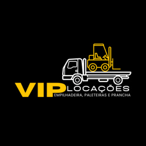 Logo Vip Locações com fundo preto Letras Vip em amarelo e locações de empilhadeira, paleteiras e prancha. em cor branca.