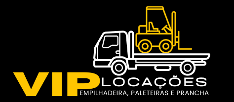 Logo Vip Locações com fundo preto Letras Vip em amarelo e locações de empilhadeira, paleteiras e prancha. em cor branca.